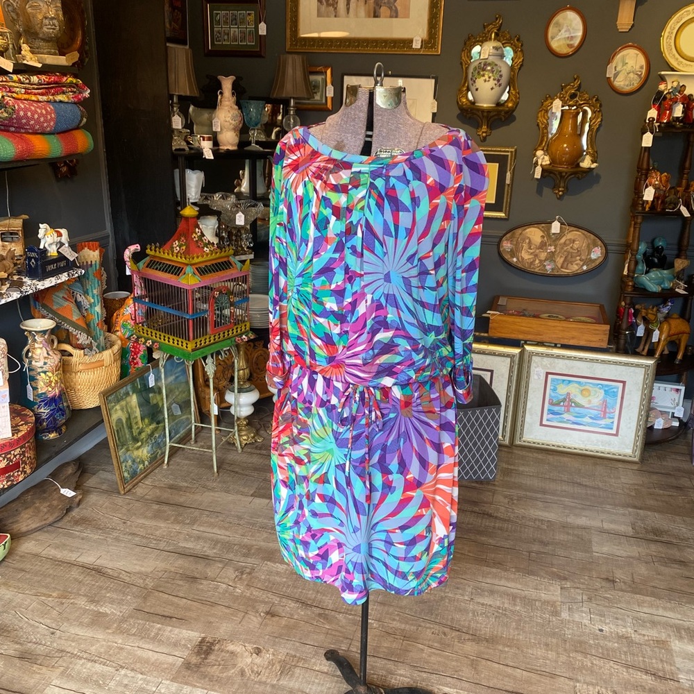 London Times Sz 12 Tropical Print Gathered Waist Midi Dress 3/4 Length Sleeve